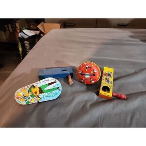 4 Vintage‎ Tin Noise Makers~GREAT GRAPHICS~Fun Collectibles! Various Companies!